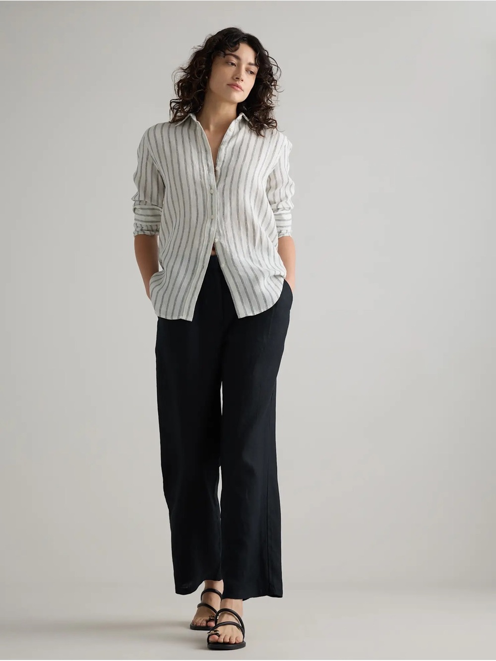 Quince 100% Linen Striped Button Down Top | Small
